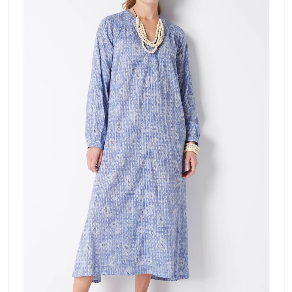 J.Jill Pure Jill Blue Paisley Cotton Caftan Maxi Dress Lagenlook Long Sleeves L